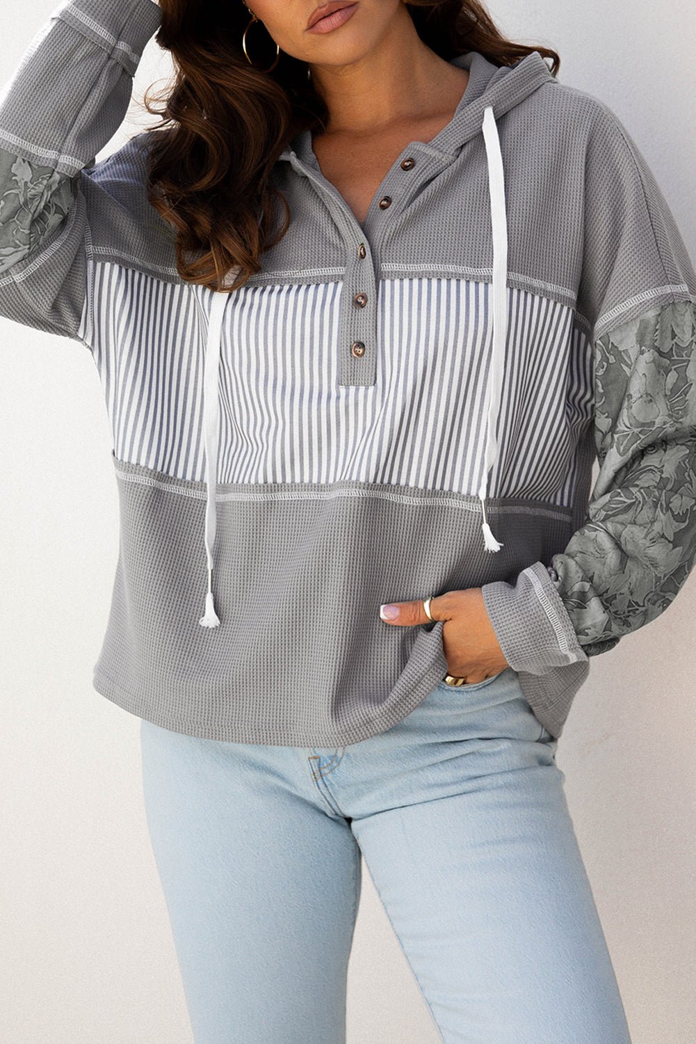 Taytum Patchwork Drawstring Hooded Long Sleeve Top - Hello Beautiful BoutiqueLong Sleeve TopsThreaded Pear