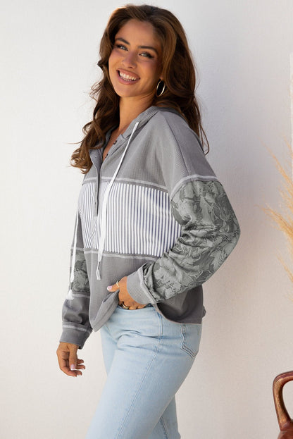 Taytum Patchwork Drawstring Hooded Long Sleeve Top - Hello Beautiful BoutiqueLong Sleeve TopsThreaded Pear