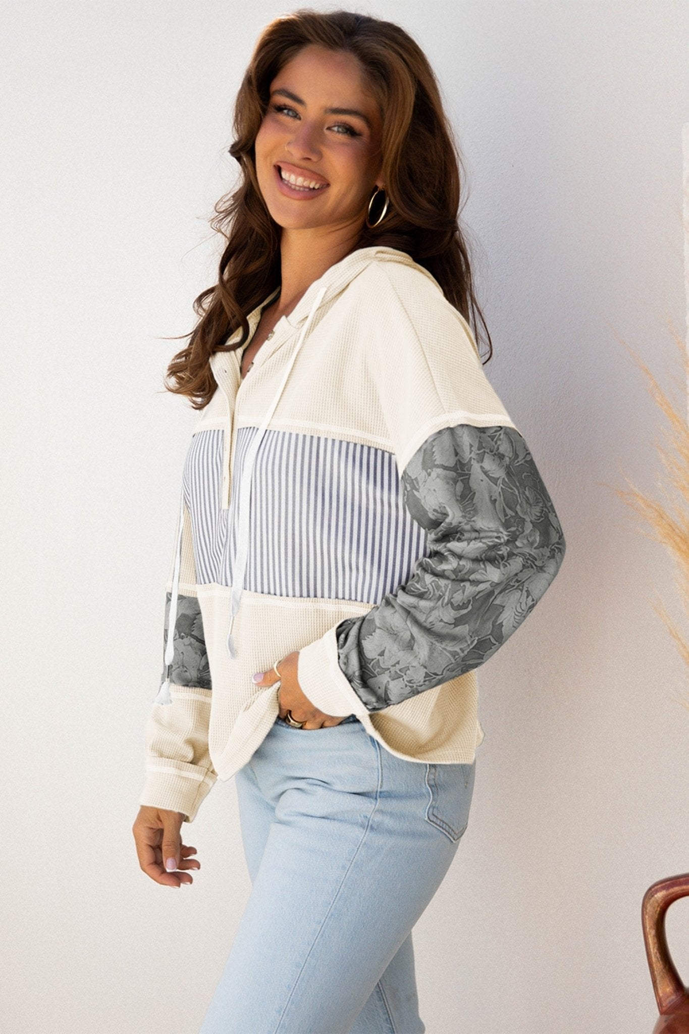 Taytum Patchwork Drawstring Hooded Long Sleeve Top - Hello Beautiful BoutiqueLong Sleeve TopsThreaded Pear