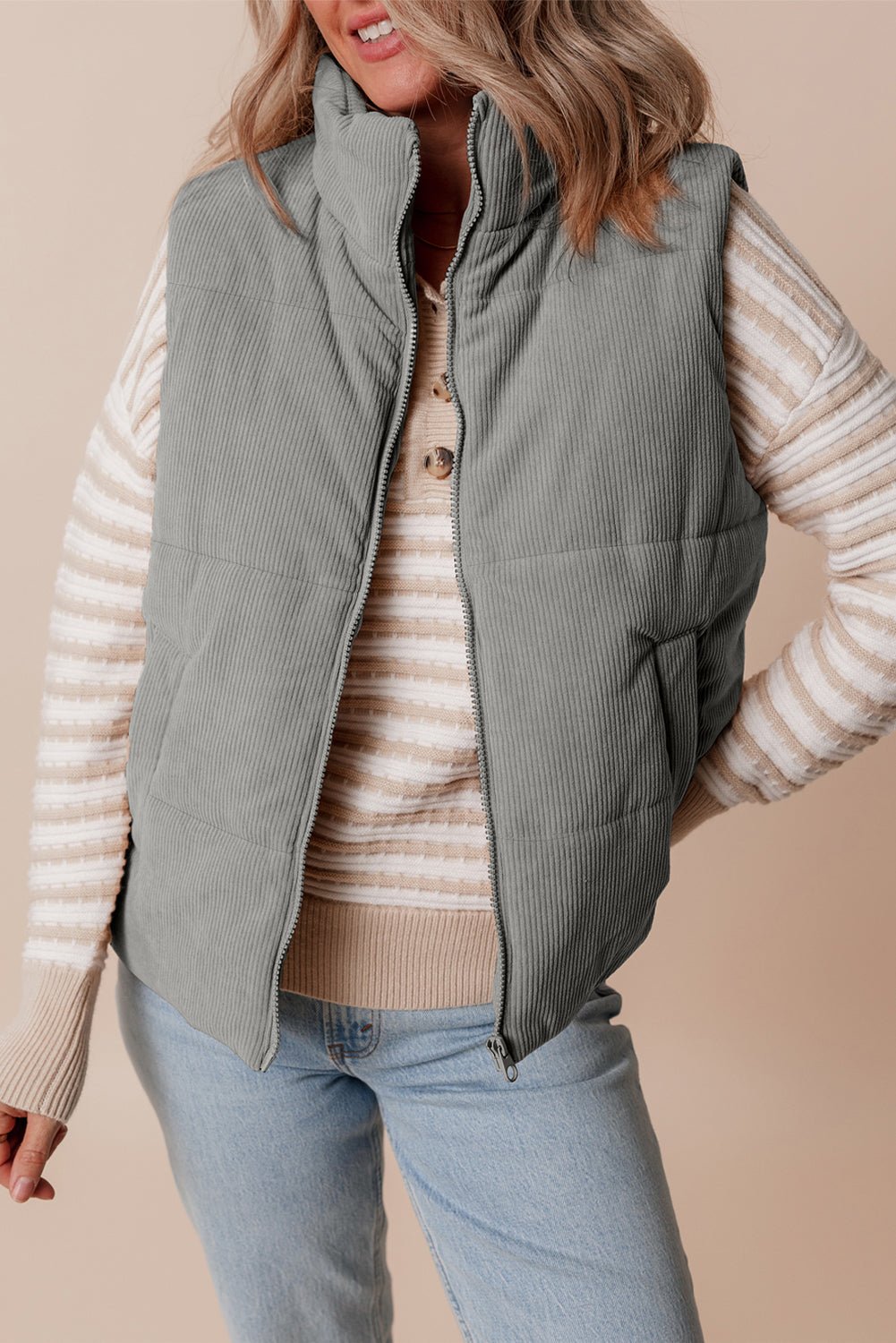 Taytum Stand Zipped Puffer Vest - Hello Beautiful BoutiqueVestsThreaded Pear