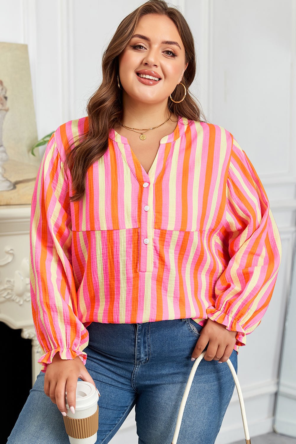 Teresa Stripe Crinkled Half PLUS Blouse - Hello Beautiful BoutiquePlus Size Blouses & ShirtsThreaded Pear