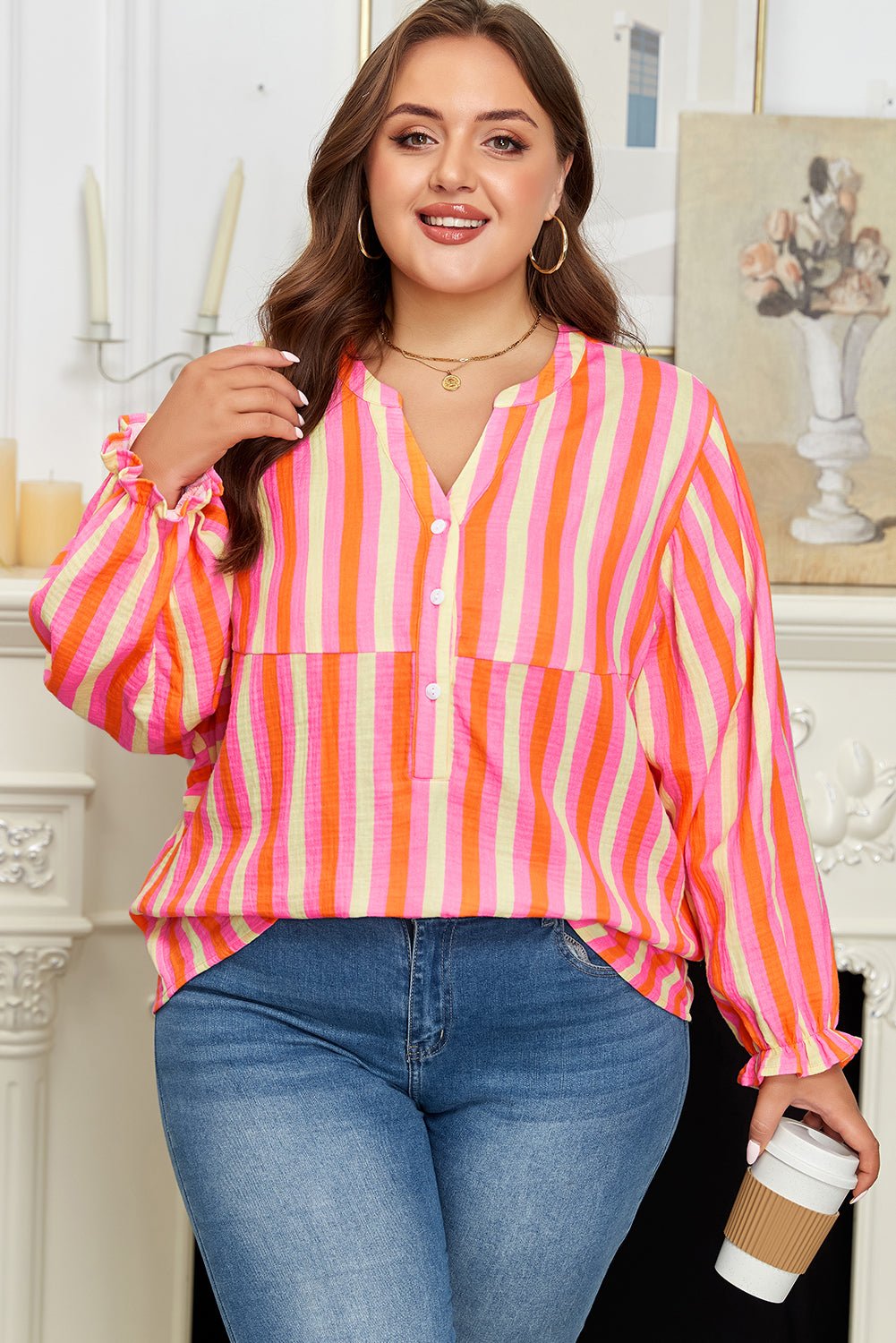 Teresa Stripe Crinkled Half PLUS Blouse - Hello Beautiful BoutiquePlus Size Blouses & ShirtsThreaded Pear