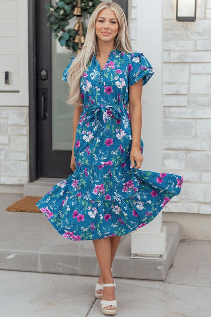 Tessa Tie Belted Long Dress - Hello Beautiful BoutiqueFloral DressesThreaded Pear