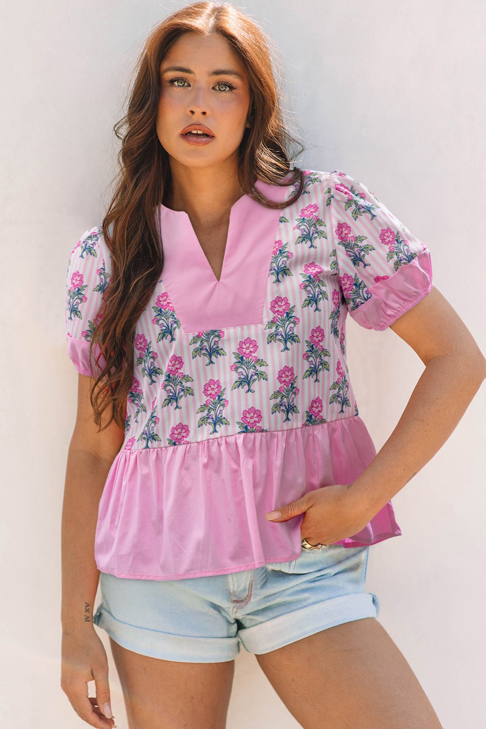 Theodora Patchwork Ruffle Hem Blouse - Hello Beautiful BoutiqueBlouses & ShirtsThreaded Pear