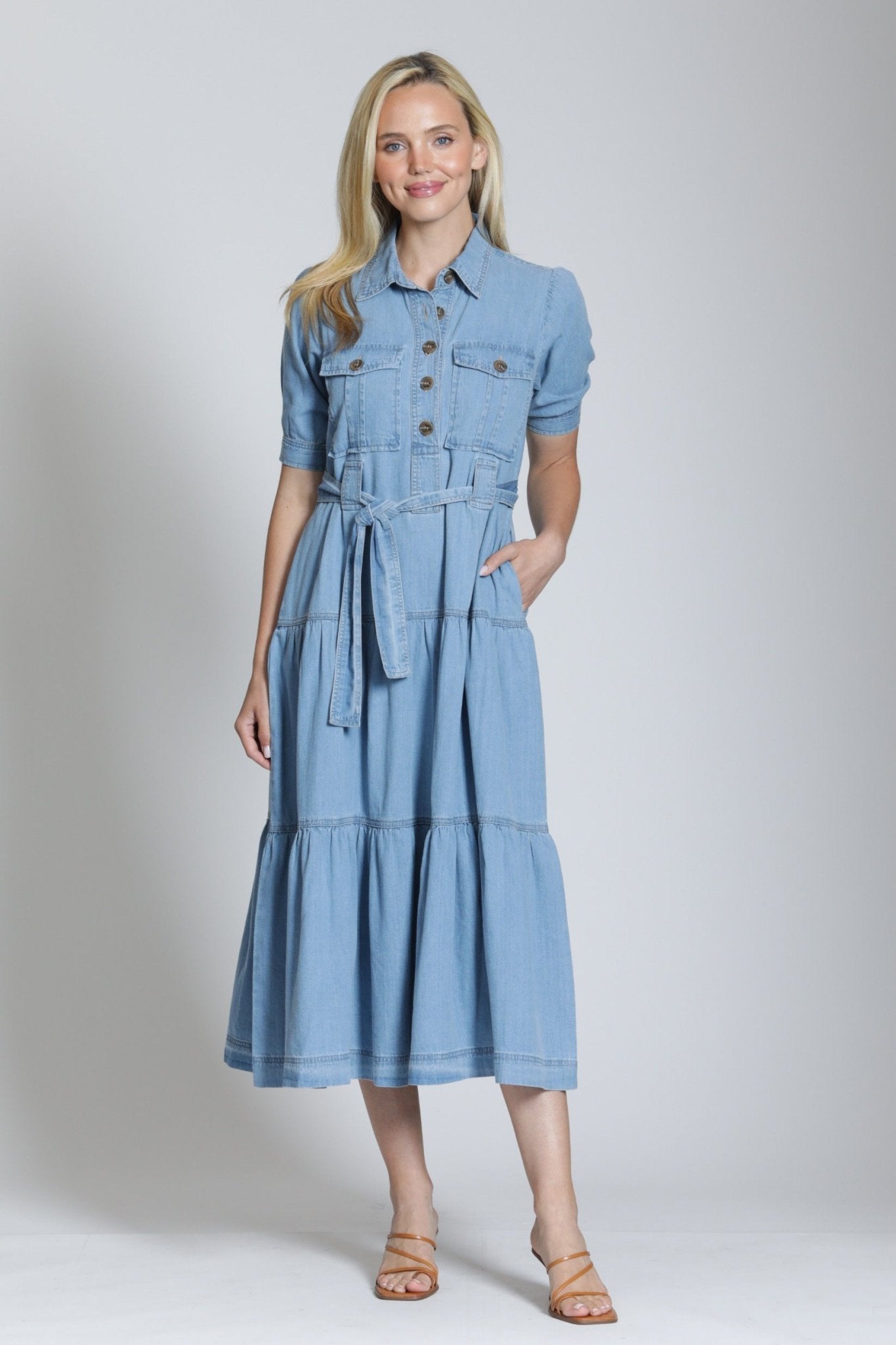 Tiered Tencel Dress w/ Front Patch Pocket - Hello Beautiful BoutiqueDressAPNY
