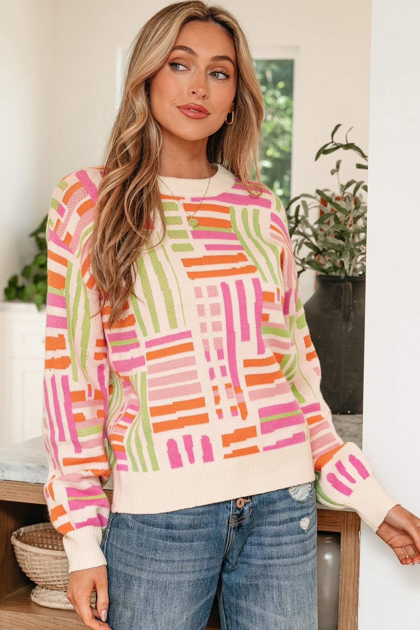 Tru Pattern Puff Sleeve Sweater - Hello Beautiful BoutiqueSweatersThreaded Pear