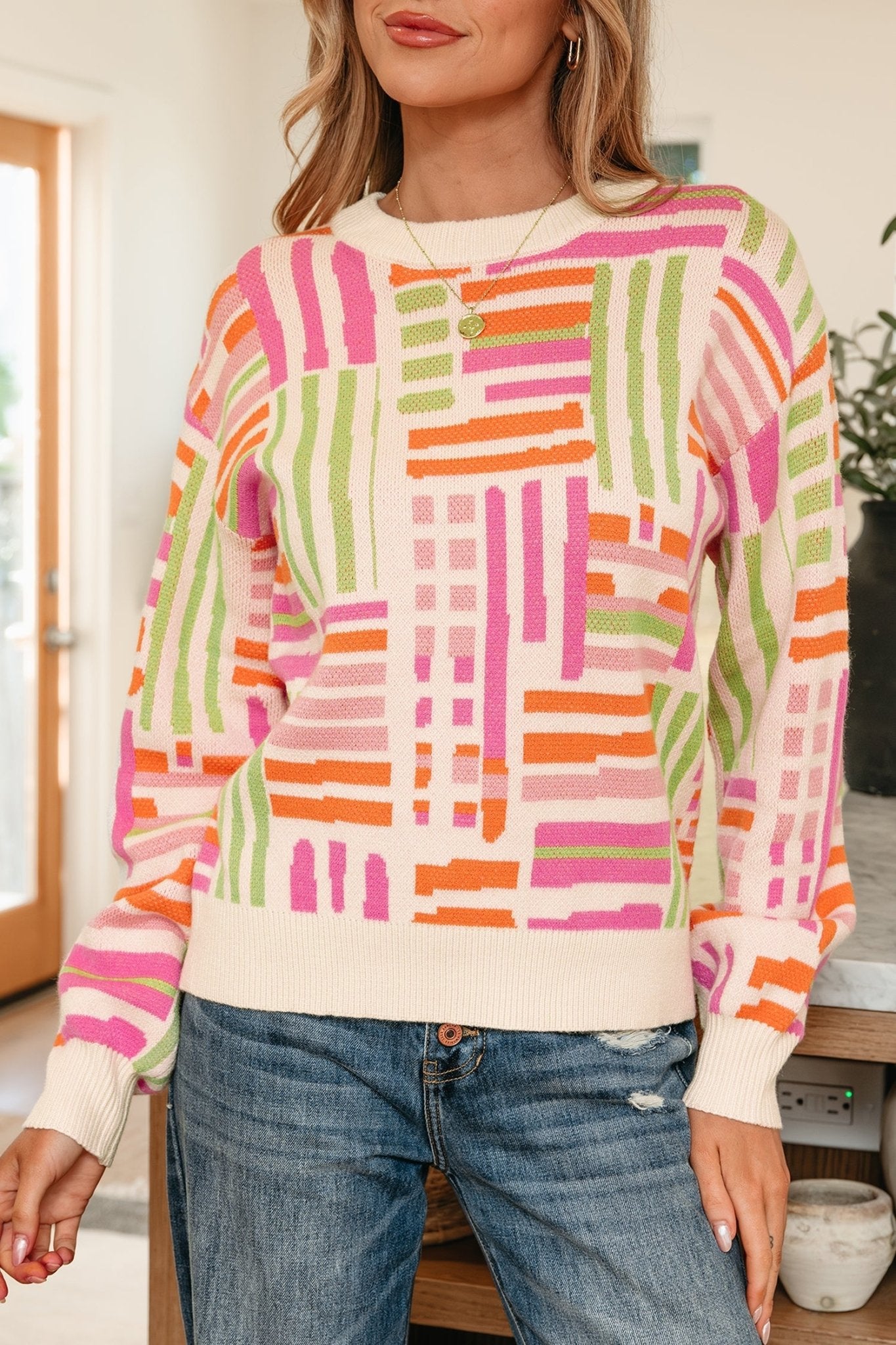 Tru Pattern Puff Sleeve Sweater - Hello Beautiful BoutiqueSweatersThreaded Pear