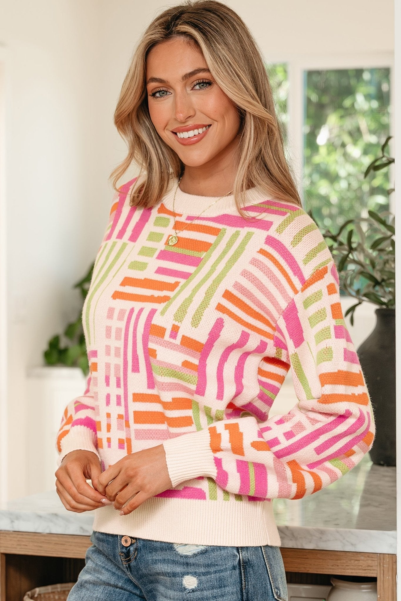 Tru Pattern Puff Sleeve Sweater - Hello Beautiful BoutiqueSweatersThreaded Pear