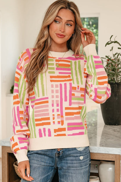 Tru Pattern Puff Sleeve Sweater - Hello Beautiful BoutiqueSweatersThreaded Pear