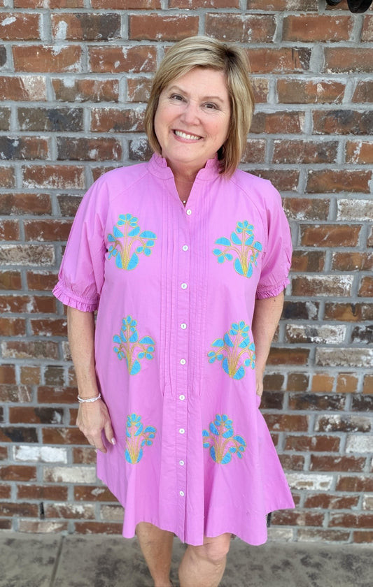 Uncle Frank Zinnia Pink Cotton Embroidered Puff - Sleeve Mini Dress 75774 - Hello Beautiful BoutiqueDressUncle Frank