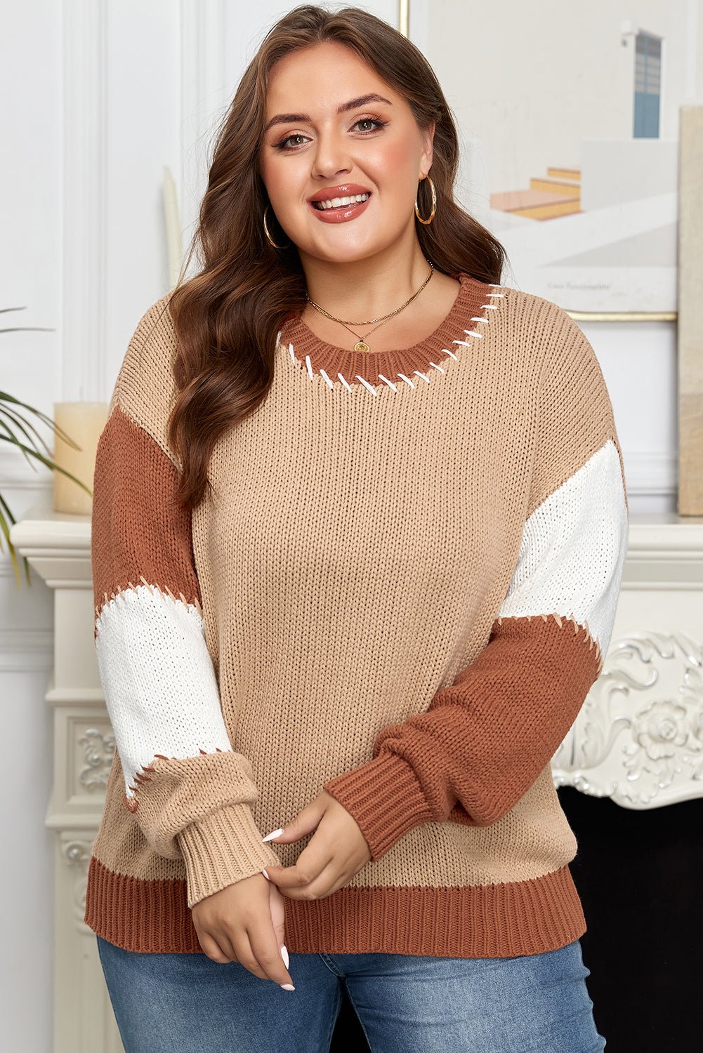 Valerie Color Block Knitted PLUS Sweater - Hello Beautiful BoutiquePlus Size Sweaters & CardigansThreaded Pear