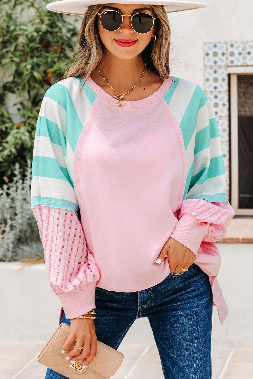Vanessa Patchwork Raglan Pullover Top - Hello Beautiful BoutiqueLong Sleeve TopsThreaded Pear