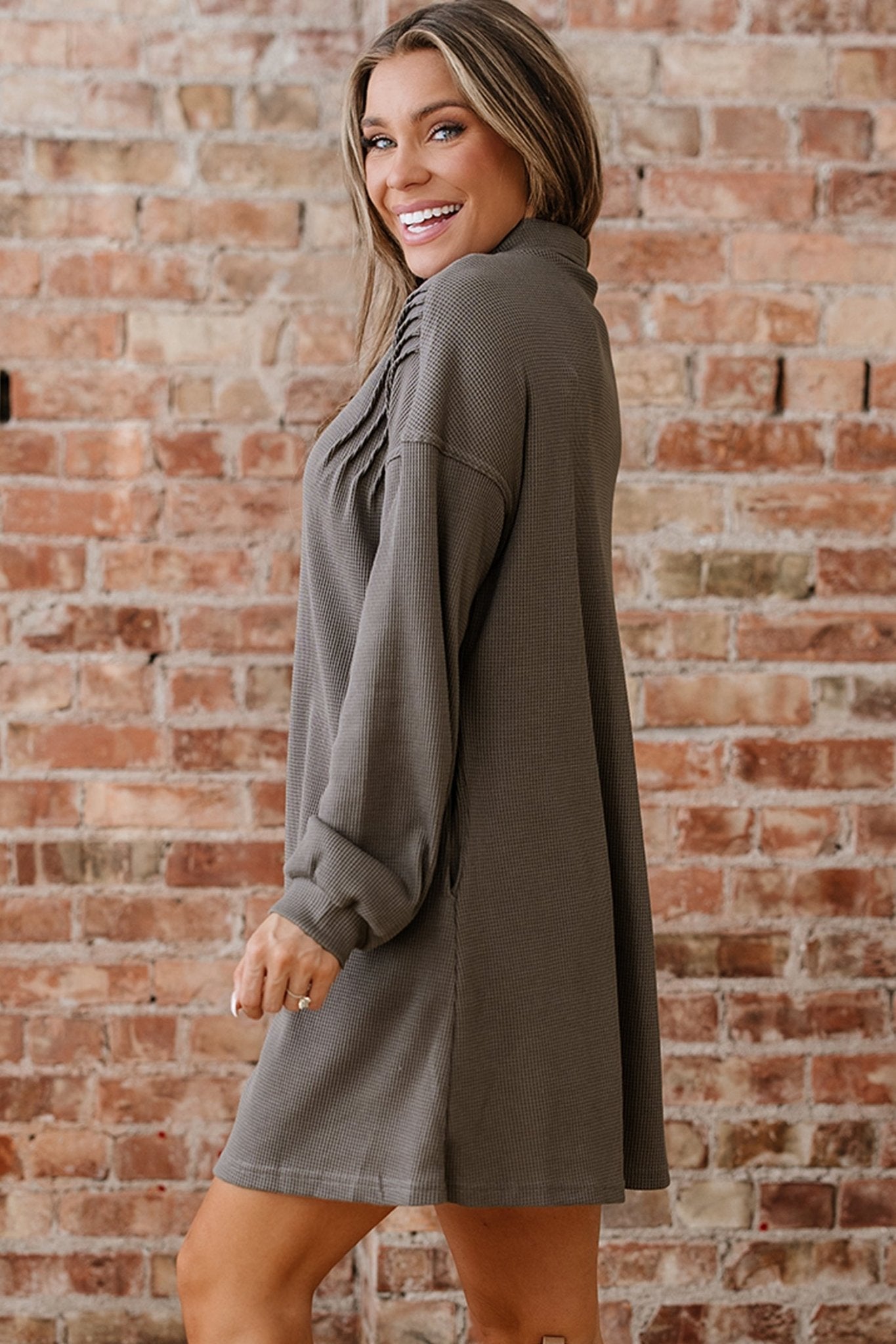 Viviana Taupe Waffle Knit Shirt - Hello Beautiful BoutiqueMini DressesThreaded Pear
