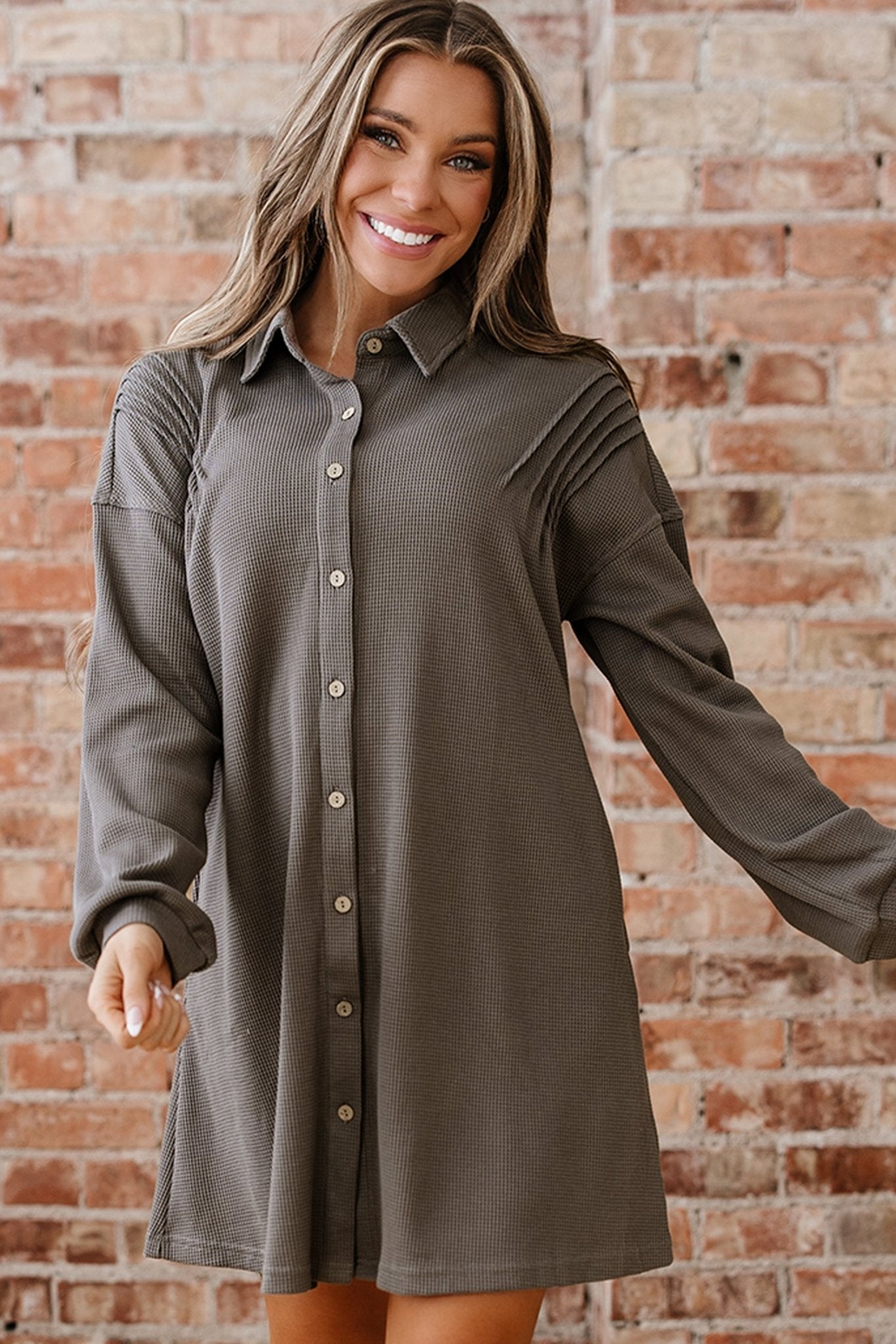 Viviana Taupe Waffle Knit Shirt - Hello Beautiful BoutiqueMini DressesThreaded Pear