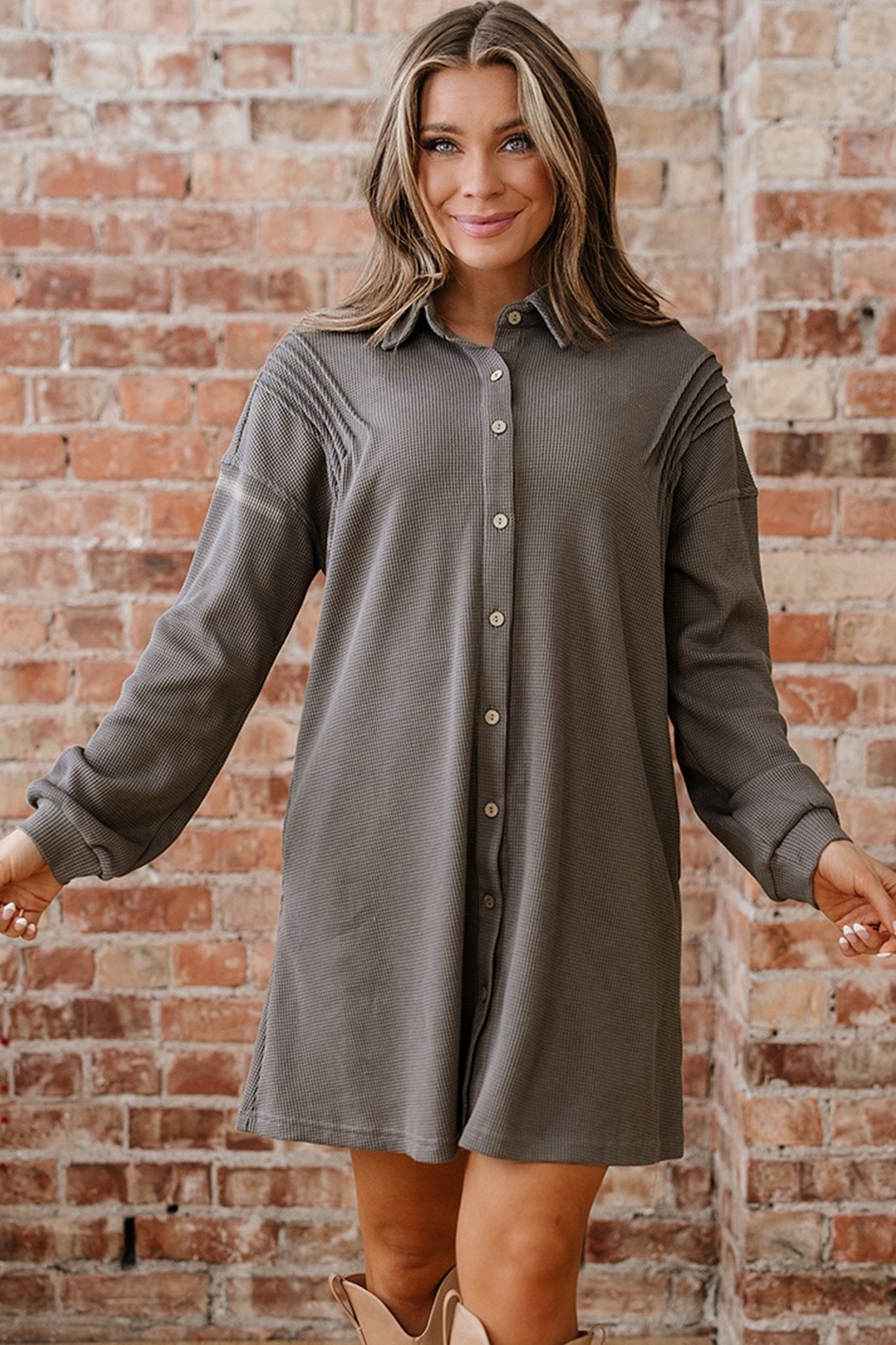 Viviana Taupe Waffle Knit Shirt - Hello Beautiful BoutiqueMini DressesThreaded Pear