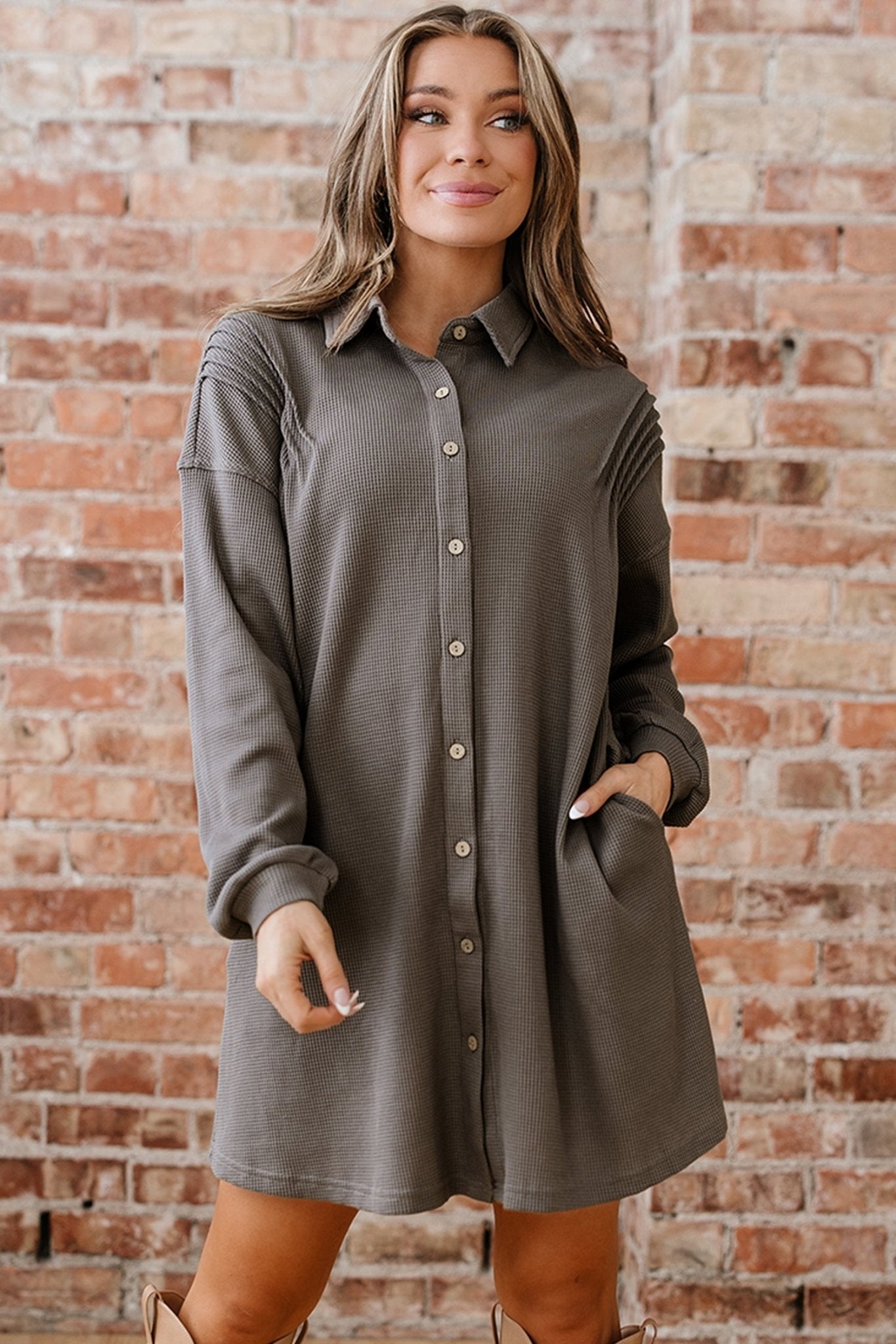 Viviana Taupe Waffle Knit Shirt - Hello Beautiful BoutiqueMini DressesThreaded Pear