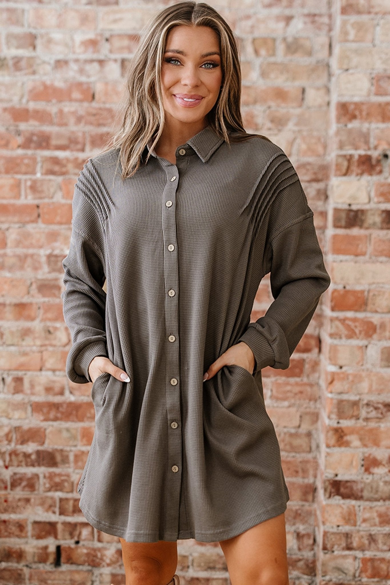 Viviana Taupe Waffle Knit Shirt - Hello Beautiful BoutiqueMini DressesThreaded Pear
