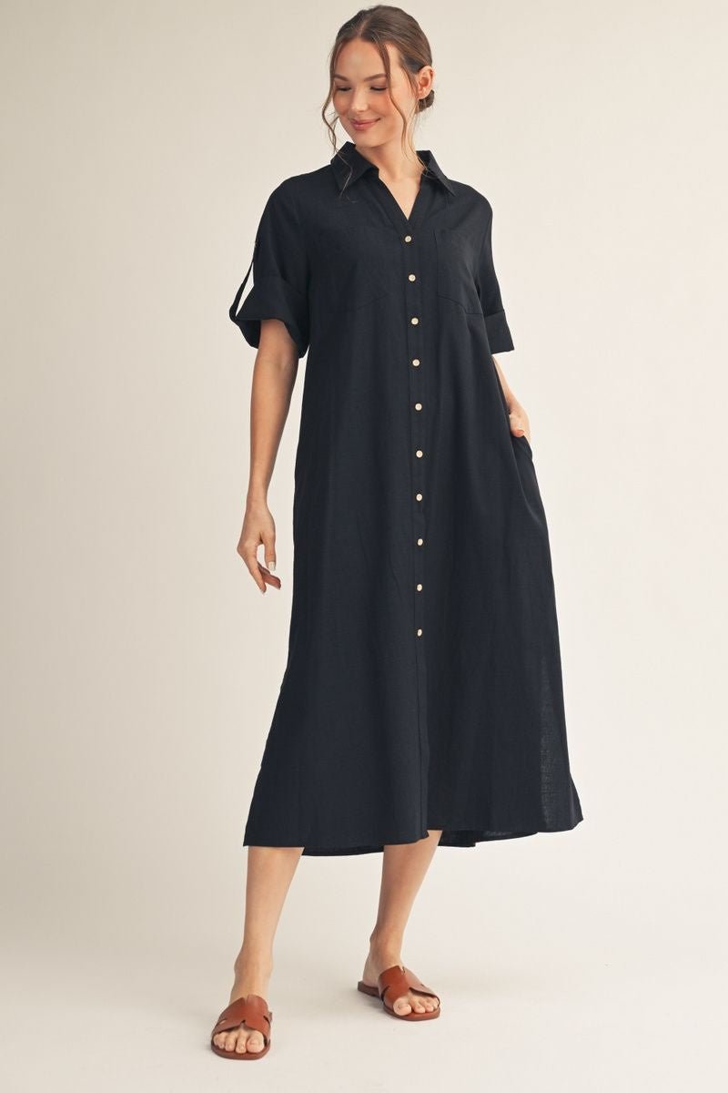 Woven Dress with Roll Up Sleeves G15651 - Hello Beautiful BoutiqueDressJodifl