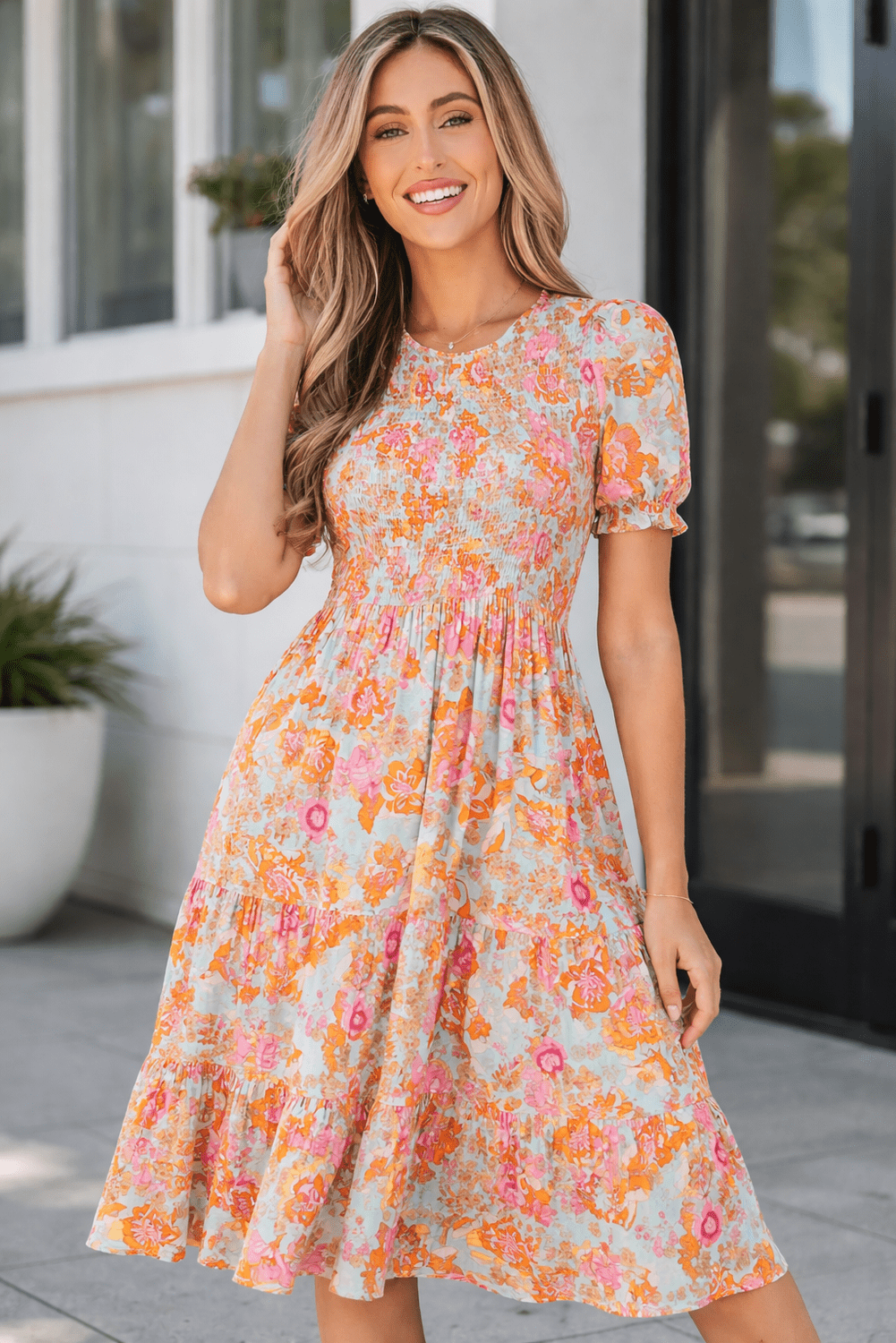 Wynter Smocked Flowy Ruffle Dress - Hello Beautiful BoutiqueFloral DressesThreaded Pear