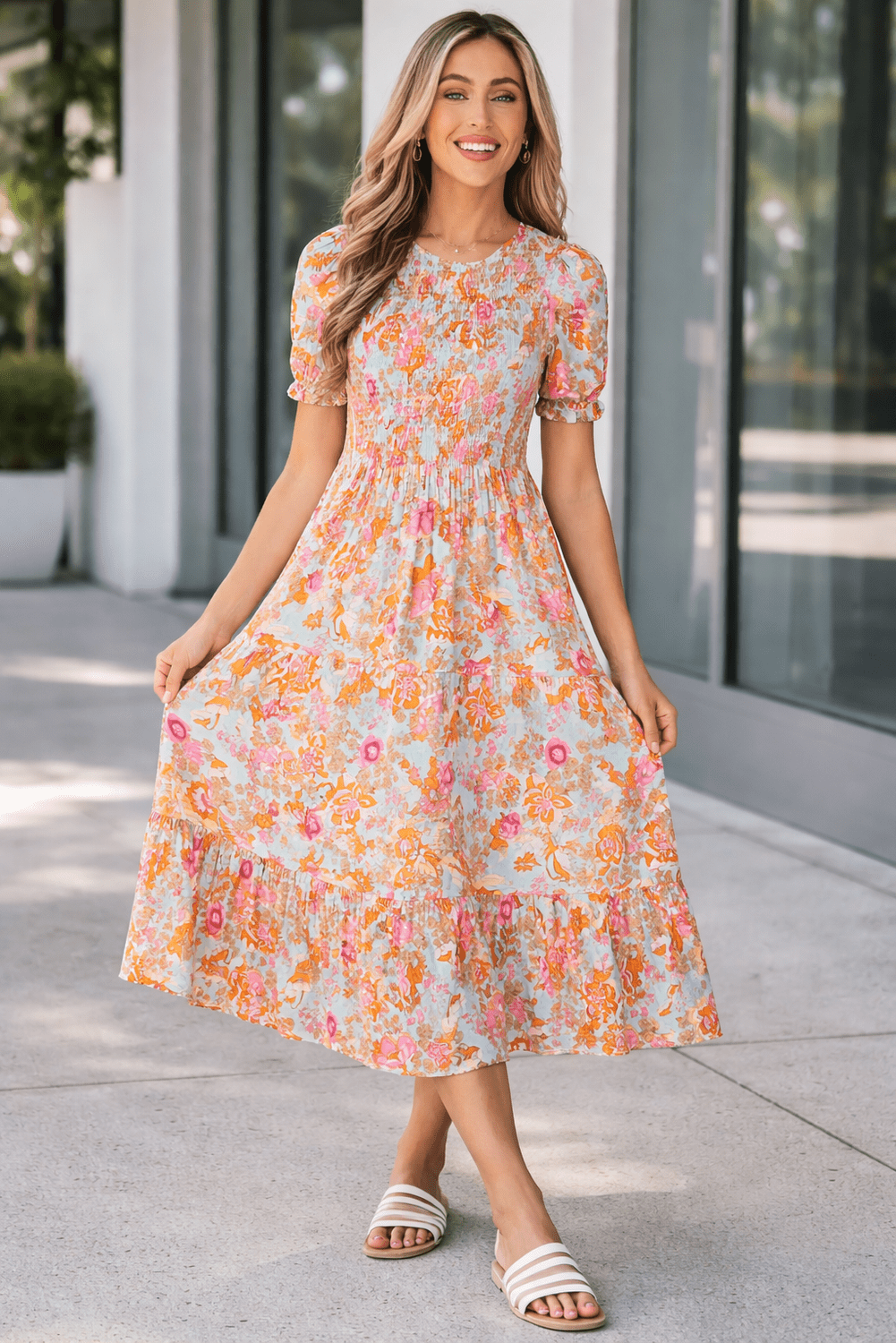 Wynter Smocked Flowy Ruffle Dress - Hello Beautiful BoutiqueFloral DressesThreaded Pear