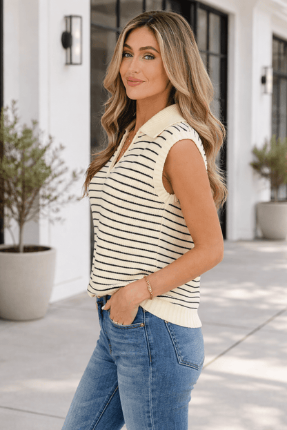 Wynter Stripe Turn Down Sweater - Hello Beautiful BoutiqueSweater VestsThreaded Pear