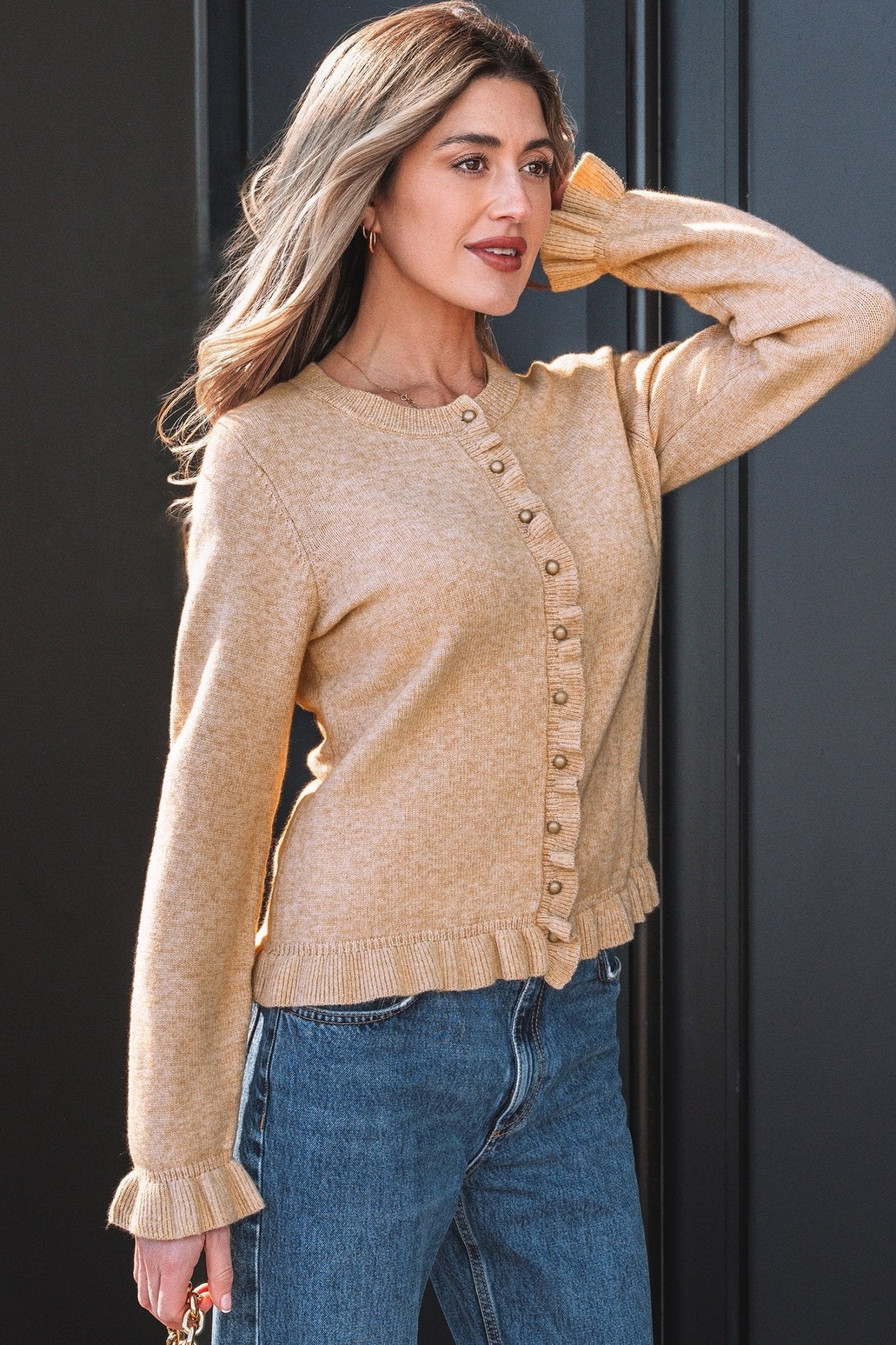 Yamileth Oatmeal Ruffle Trim Sweater - Hello Beautiful BoutiqueCardigansThreaded Pear
