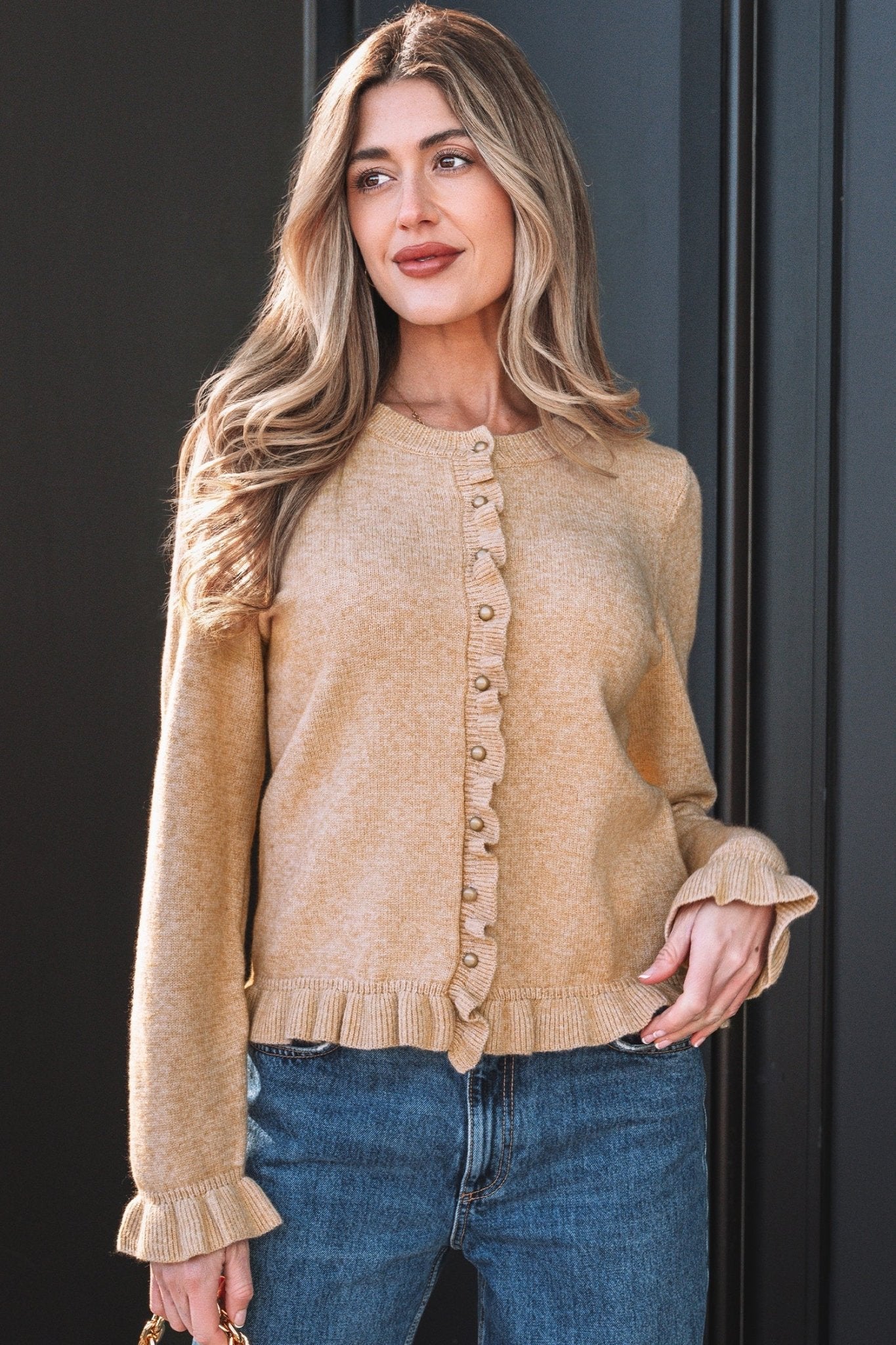 Yamileth Oatmeal Ruffle Trim Sweater - Hello Beautiful BoutiqueCardigansThreaded Pear