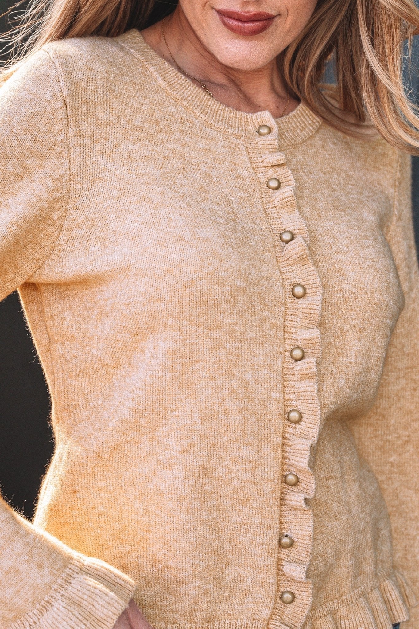 Yamileth Oatmeal Ruffle Trim Sweater - Hello Beautiful BoutiqueCardigansThreaded Pear