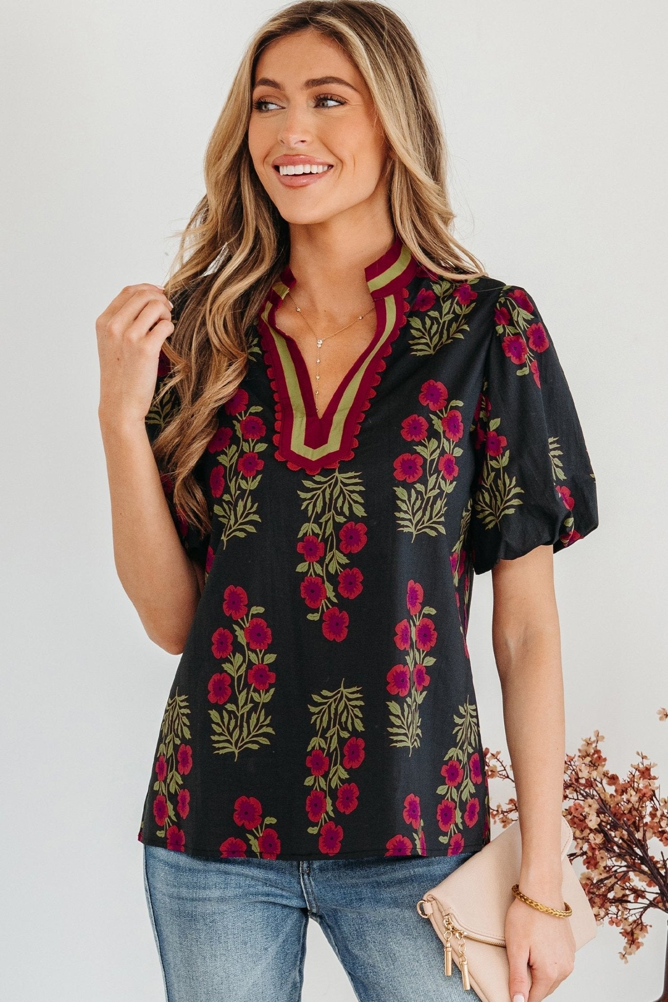 Zoe Contrast Slit Neckline Blouse - Hello Beautiful BoutiqueBlouses & ShirtsThreaded Pear