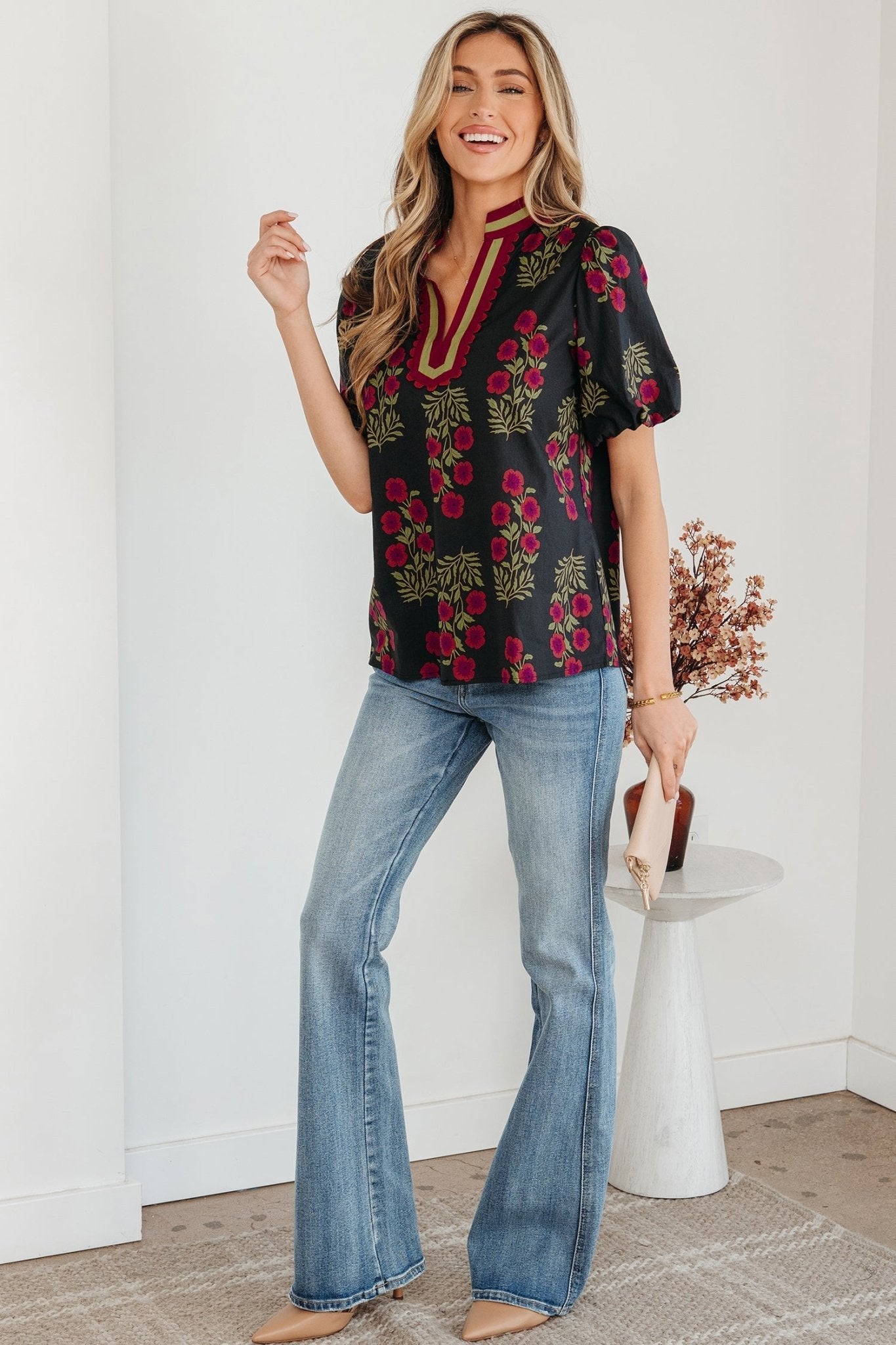 Zoe Contrast Slit Neckline Blouse - Hello Beautiful BoutiqueBlouses & ShirtsThreaded Pear