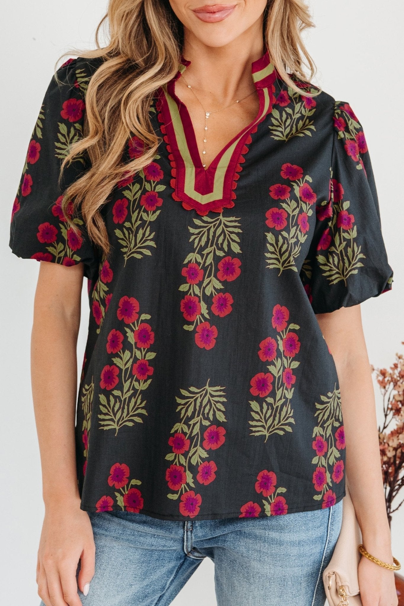 Zoe Contrast Slit Neckline Blouse - Hello Beautiful BoutiqueBlouses & ShirtsThreaded Pear